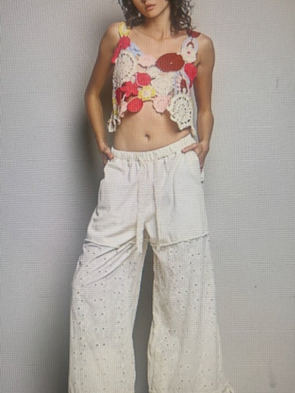 POL Ivory Pink Hand Made Crochet Motif Weaved Heart Neck Cropped Knit Top NEW - Picture 12 of 16